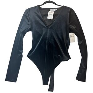 Good American Velvet Bodysuit‎ Long Sleeve V Neck Black Size 1 Small Glam Modern